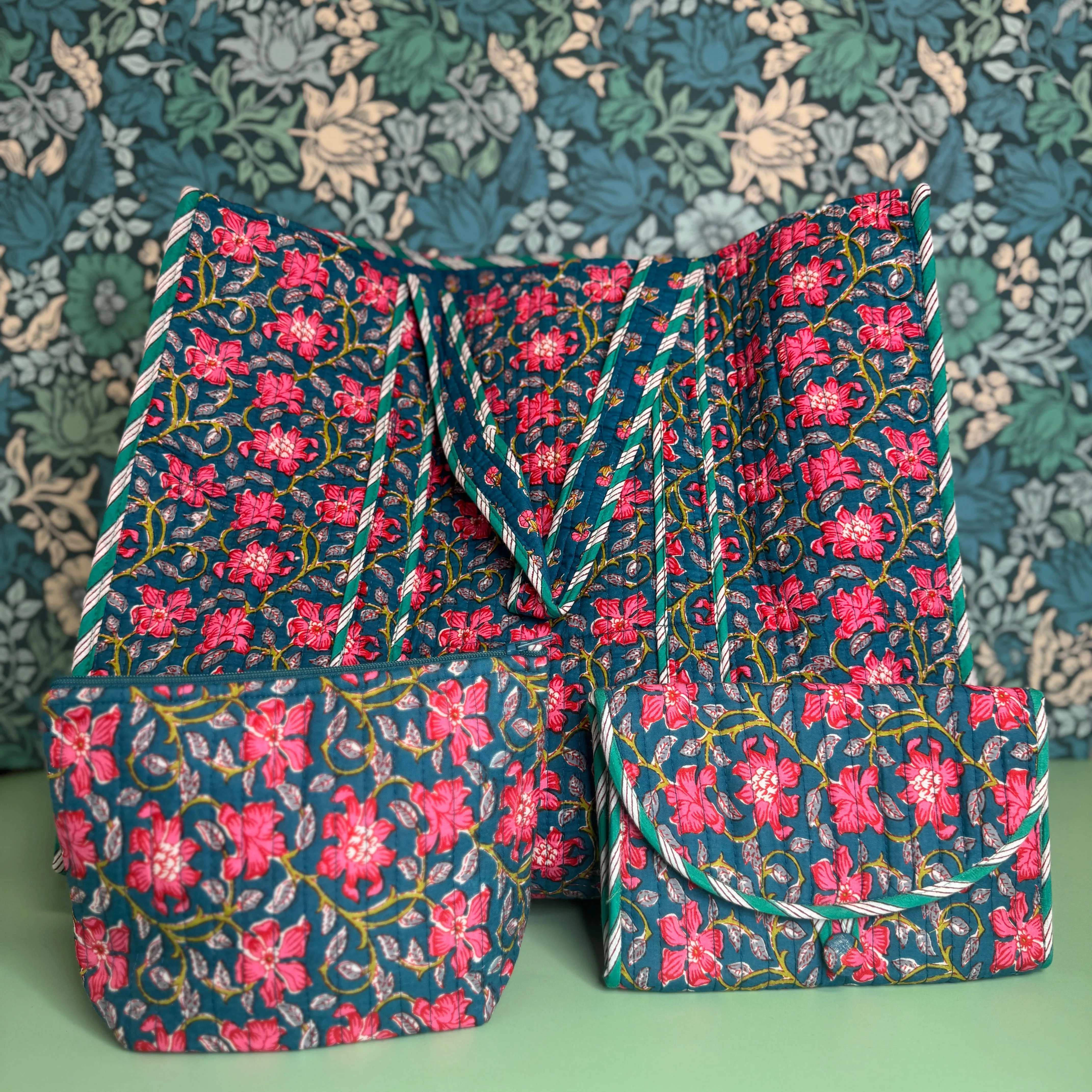 Large Reversible Quilted Tote Bag (Blue with Pink Flowers & Blue Lining)