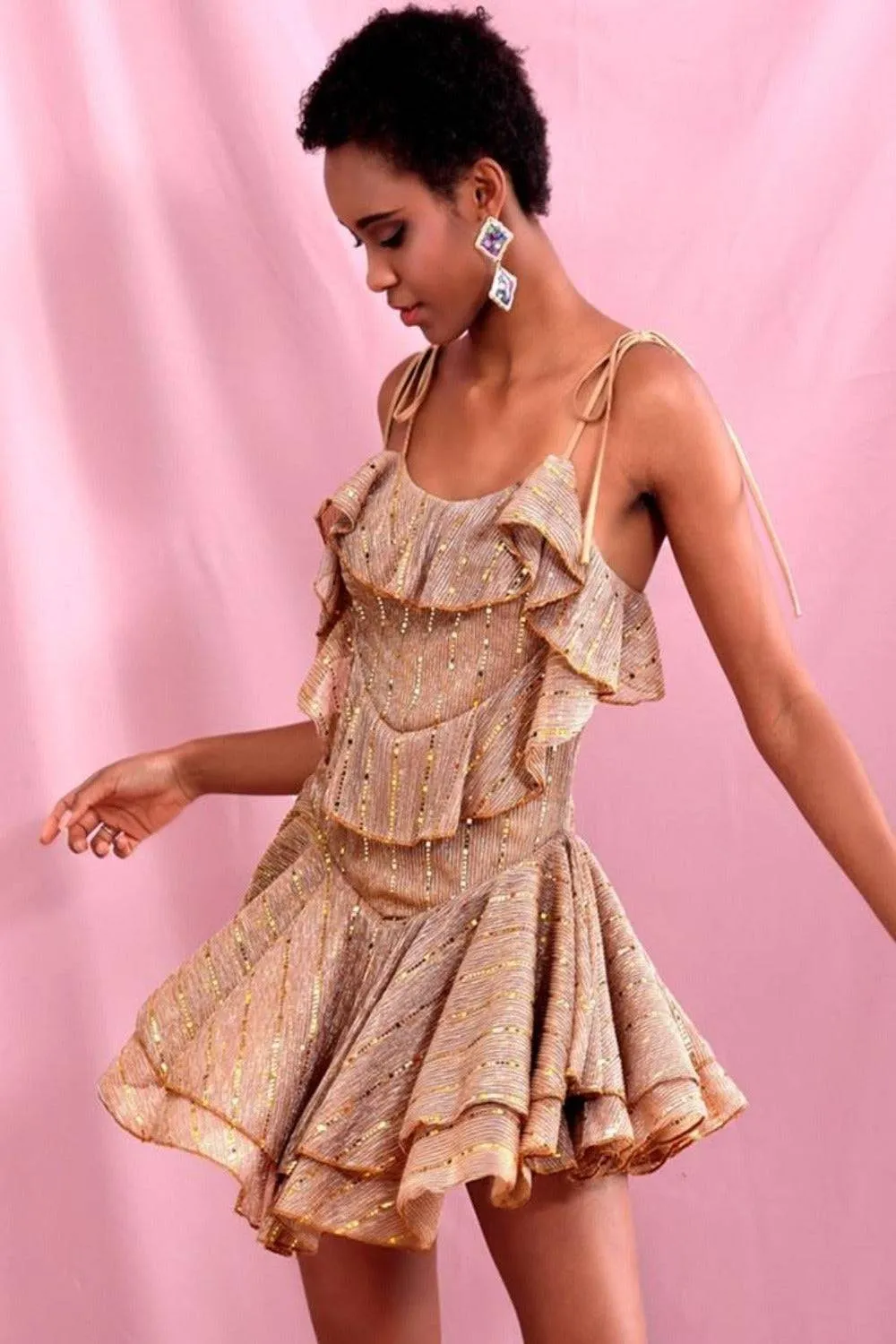 Layered Gold Ruffle Mini Dress
