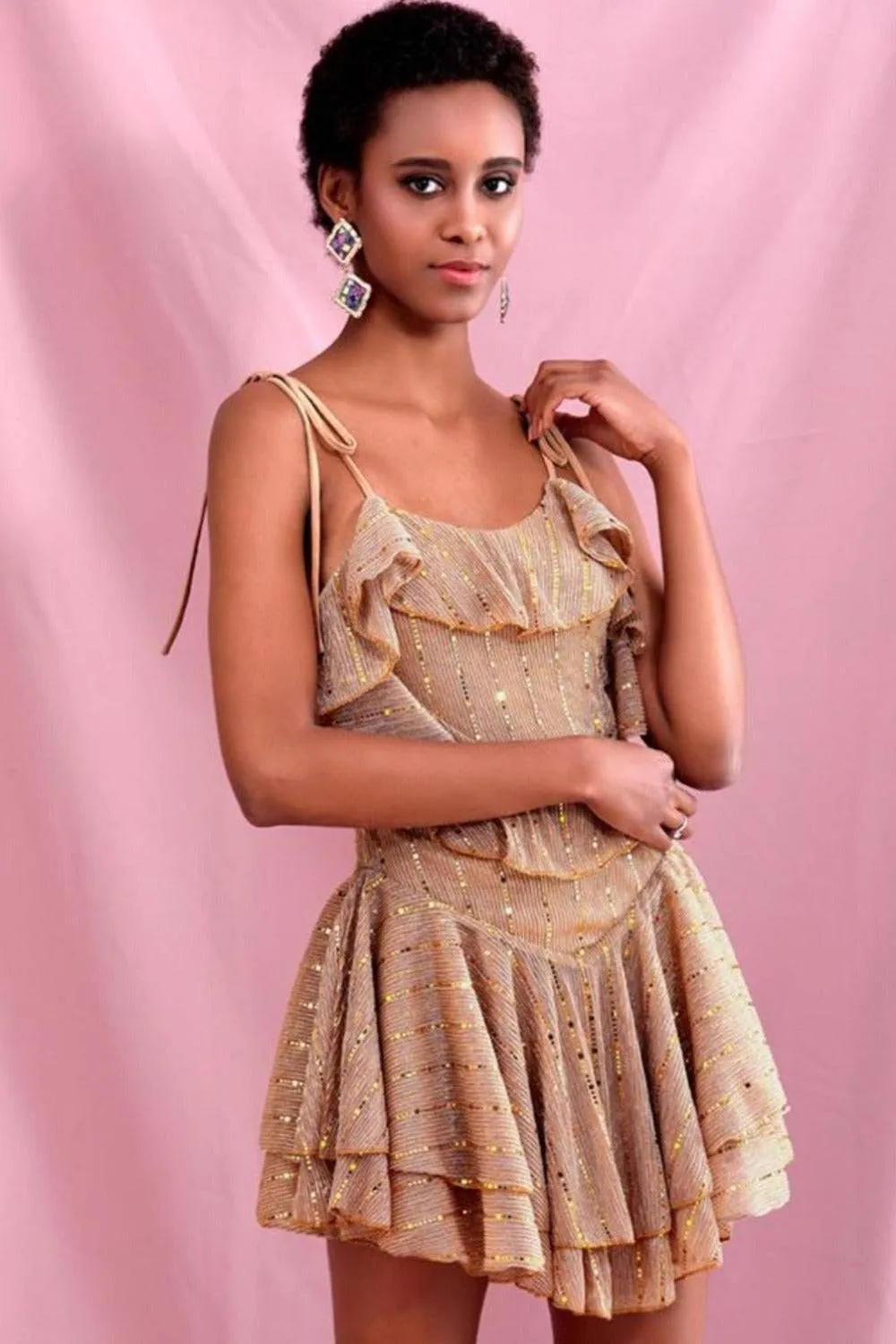 Layered Gold Ruffle Mini Dress