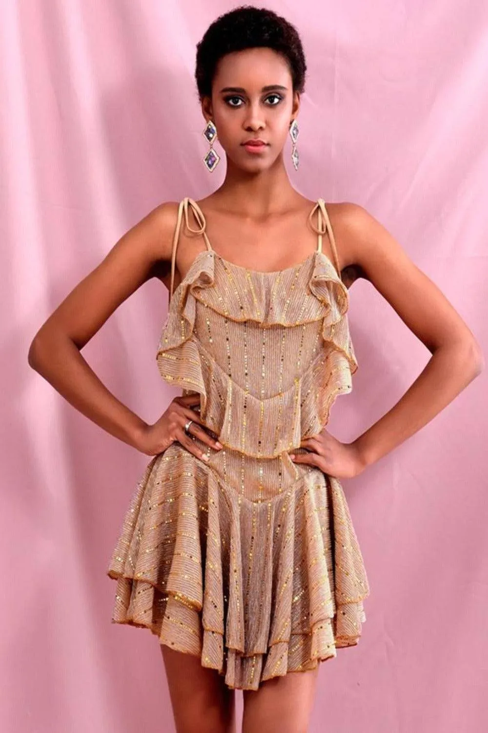 Layered Gold Ruffle Mini Dress
