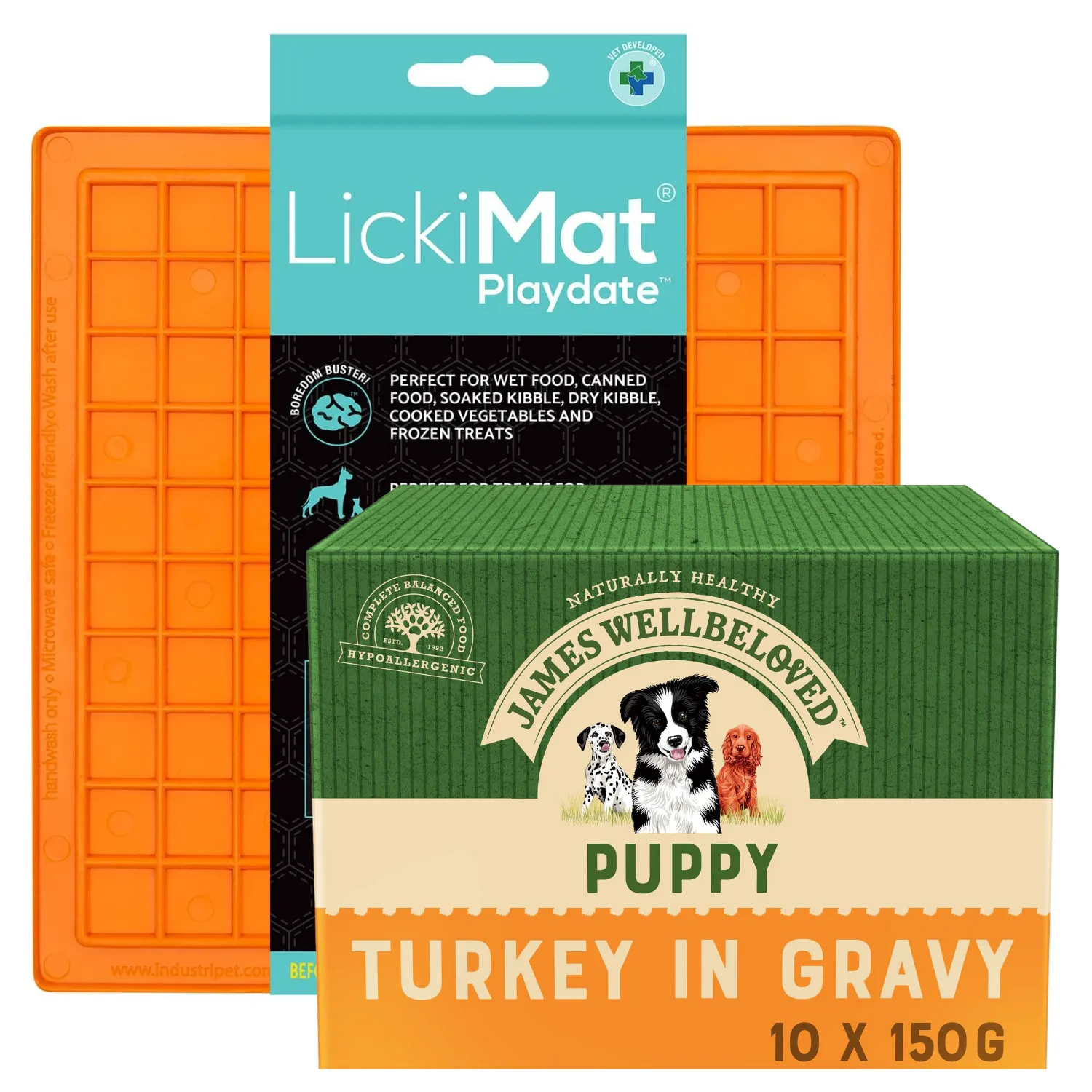 LickiMat Classic Playdate & James Wellbeloved Puppy Turkey in Gravy Pouches (10 x 150g)