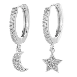Mini Huggie Hoops Dangle Earrings Star and Moon Gold or Silver
