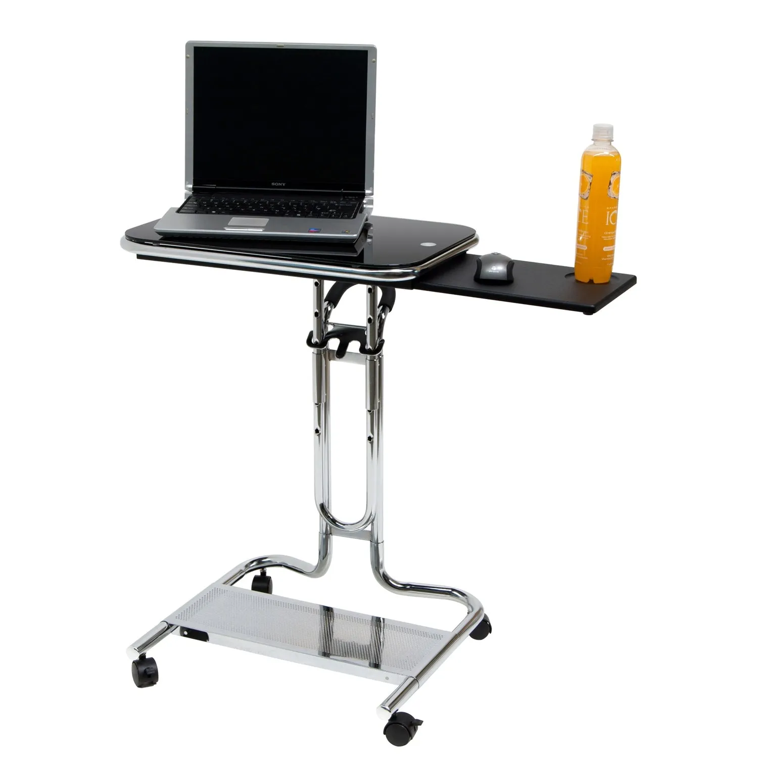 Mobile Laptop Computer Desk Cart with Black Glass Top