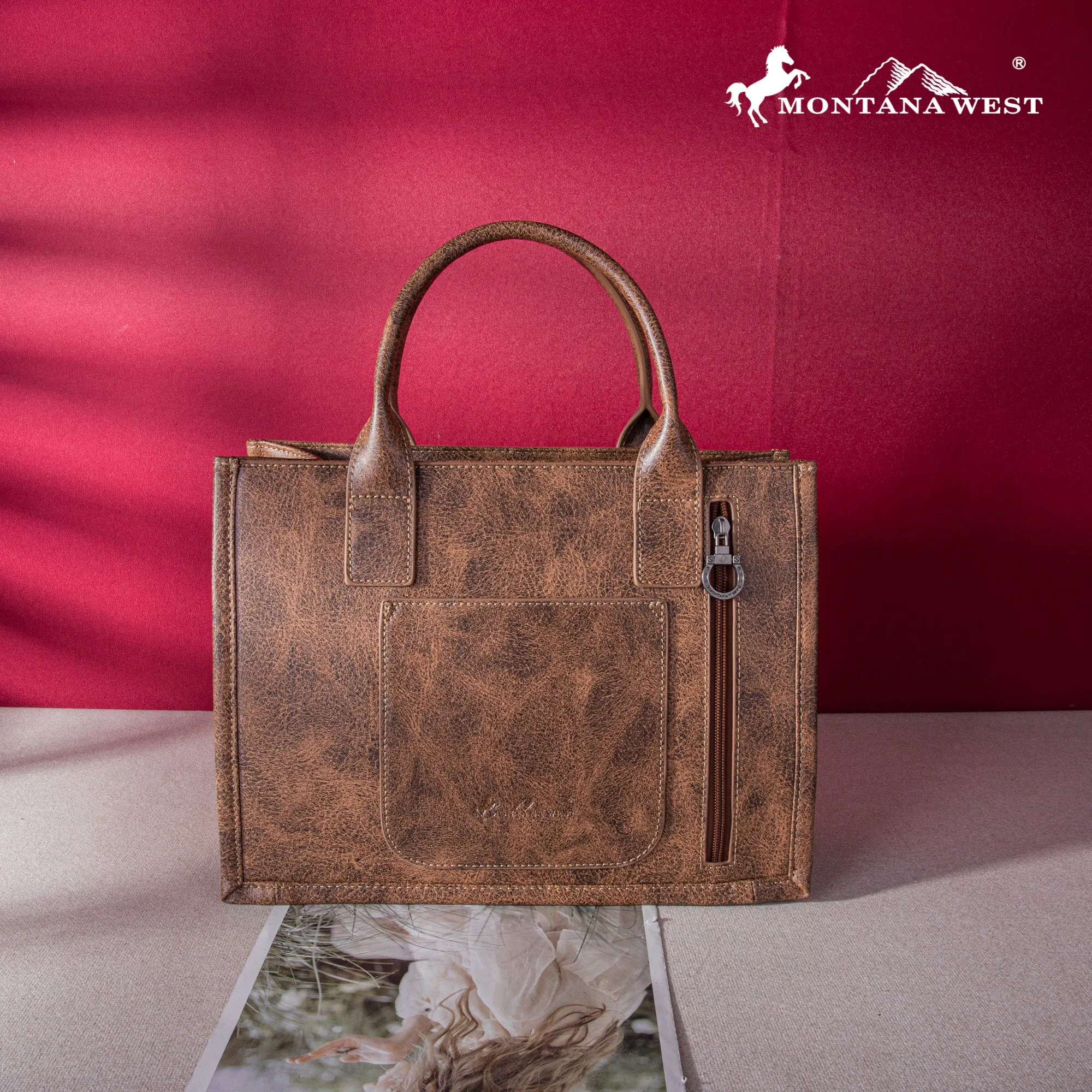 MW1124-H8120SW  Montana West Whipstitch Concealed Carry Tote With Matching Bi-Fold Wallet - Coffee
