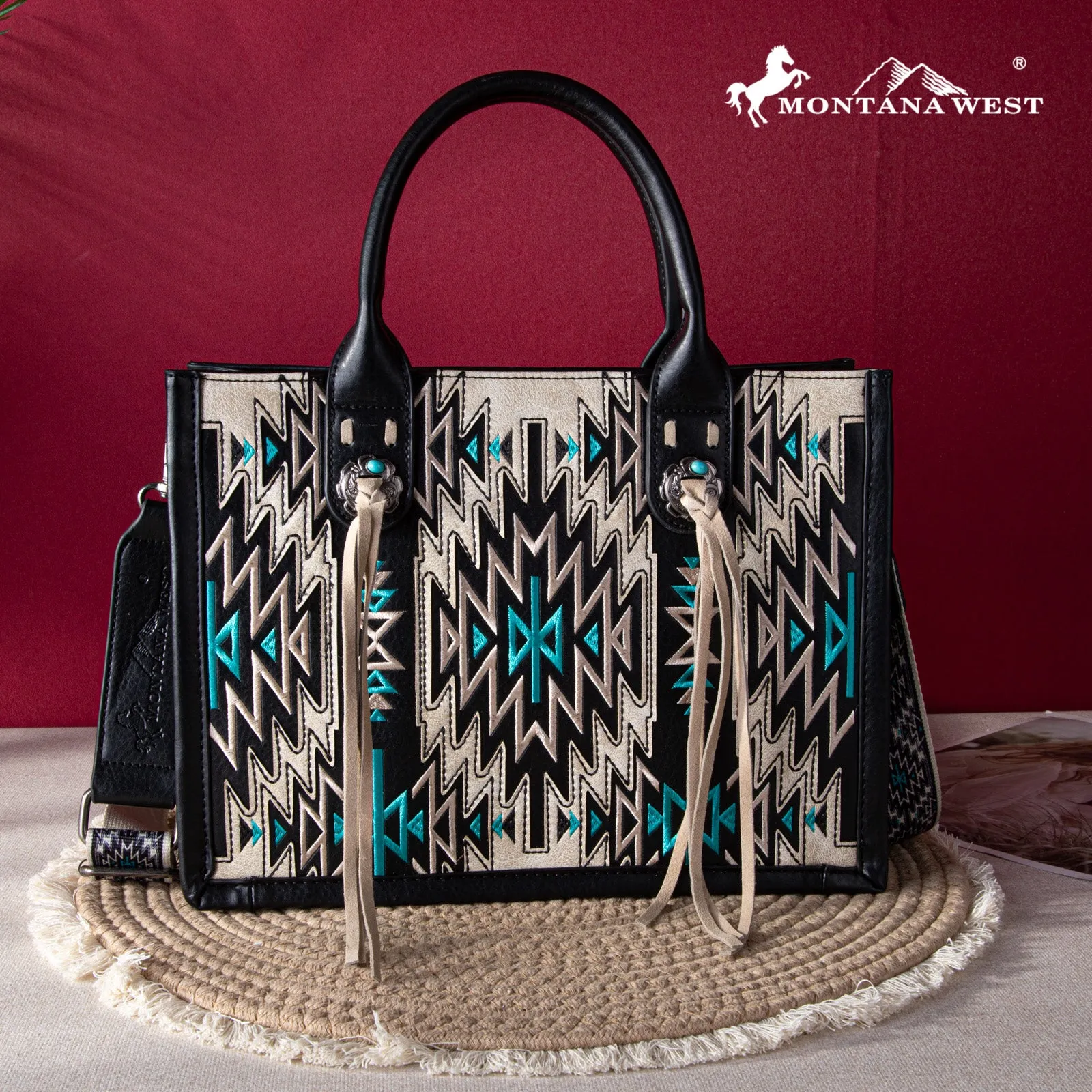 MWF1051G-8250   Montana West Embroidered Aztec Concealed Carry Tote/Crossbody - Black