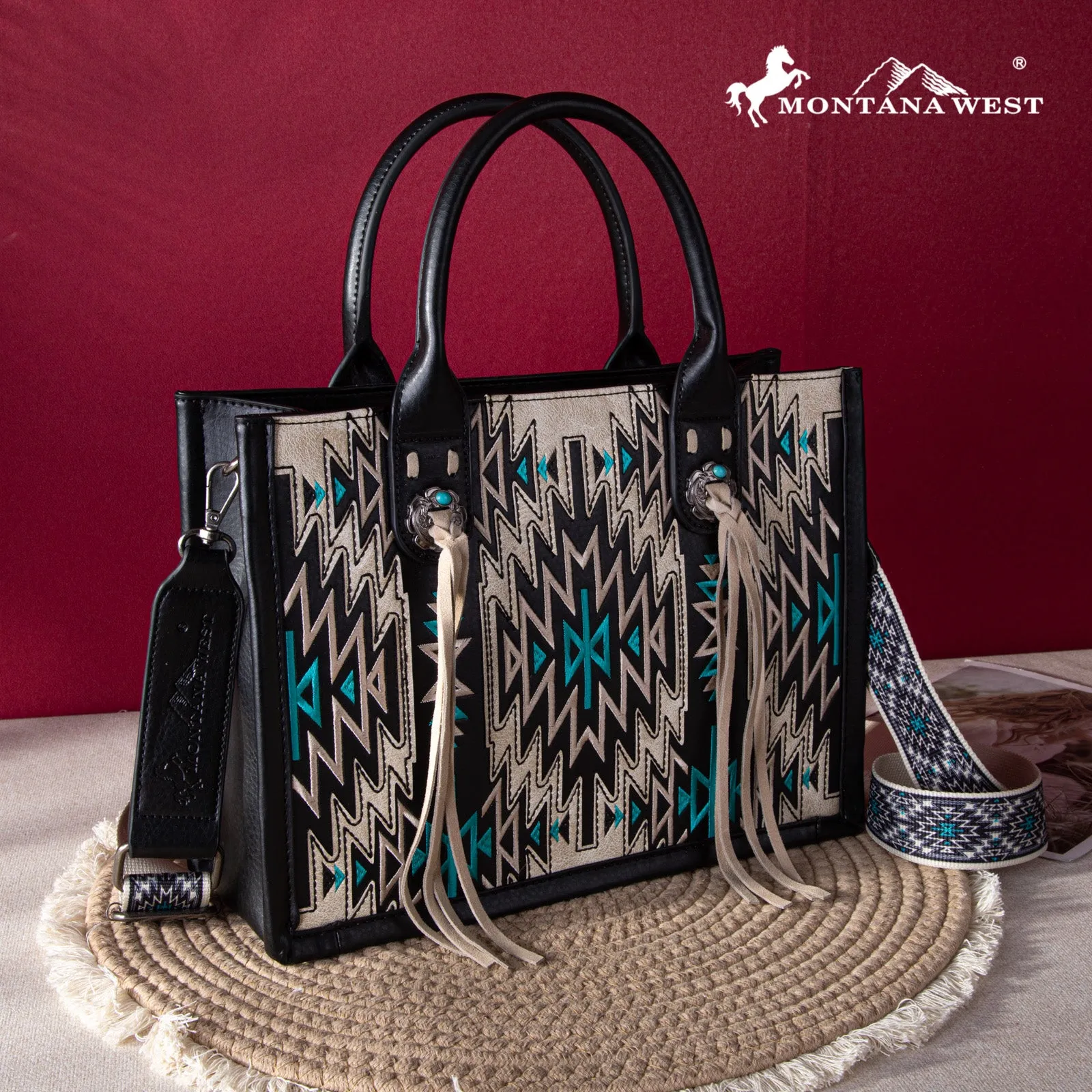 MWF1051G-8250   Montana West Embroidered Aztec Concealed Carry Tote/Crossbody - Black