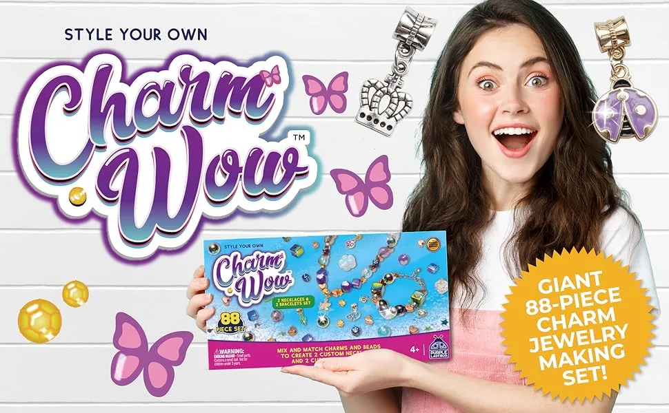 New CharmWow Kids Jewellery Making Kit with Sparkly Beads & Designer Charms - Cool Necklace & Bracelet Making Kit! 88 Piece! Ages 4 