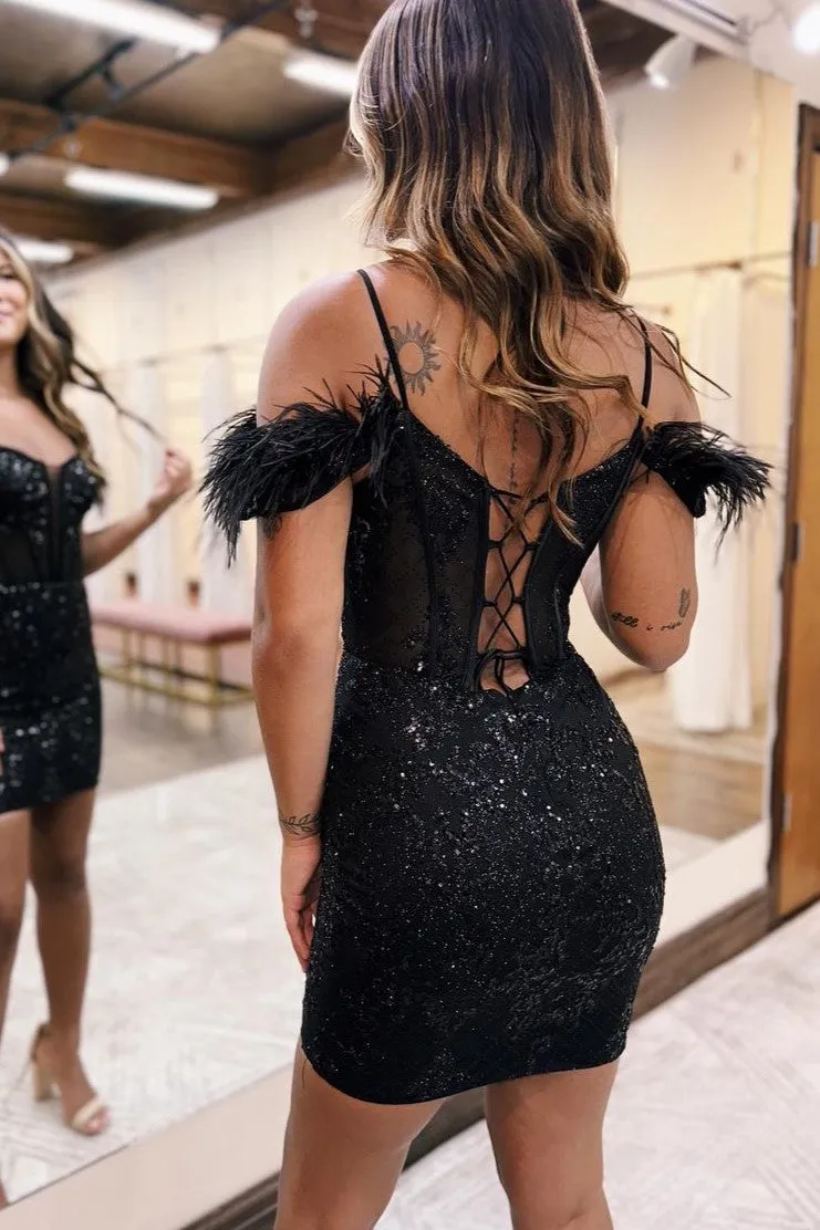 Off-the-shoulder Straps Bodice Sparkly Short Homecoming Dress with Feathers