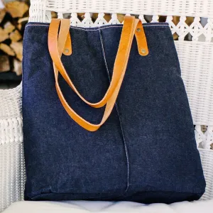 Over-the-Shoulder City TOTE |Dark Navy WAXED cotton DENIM Outside