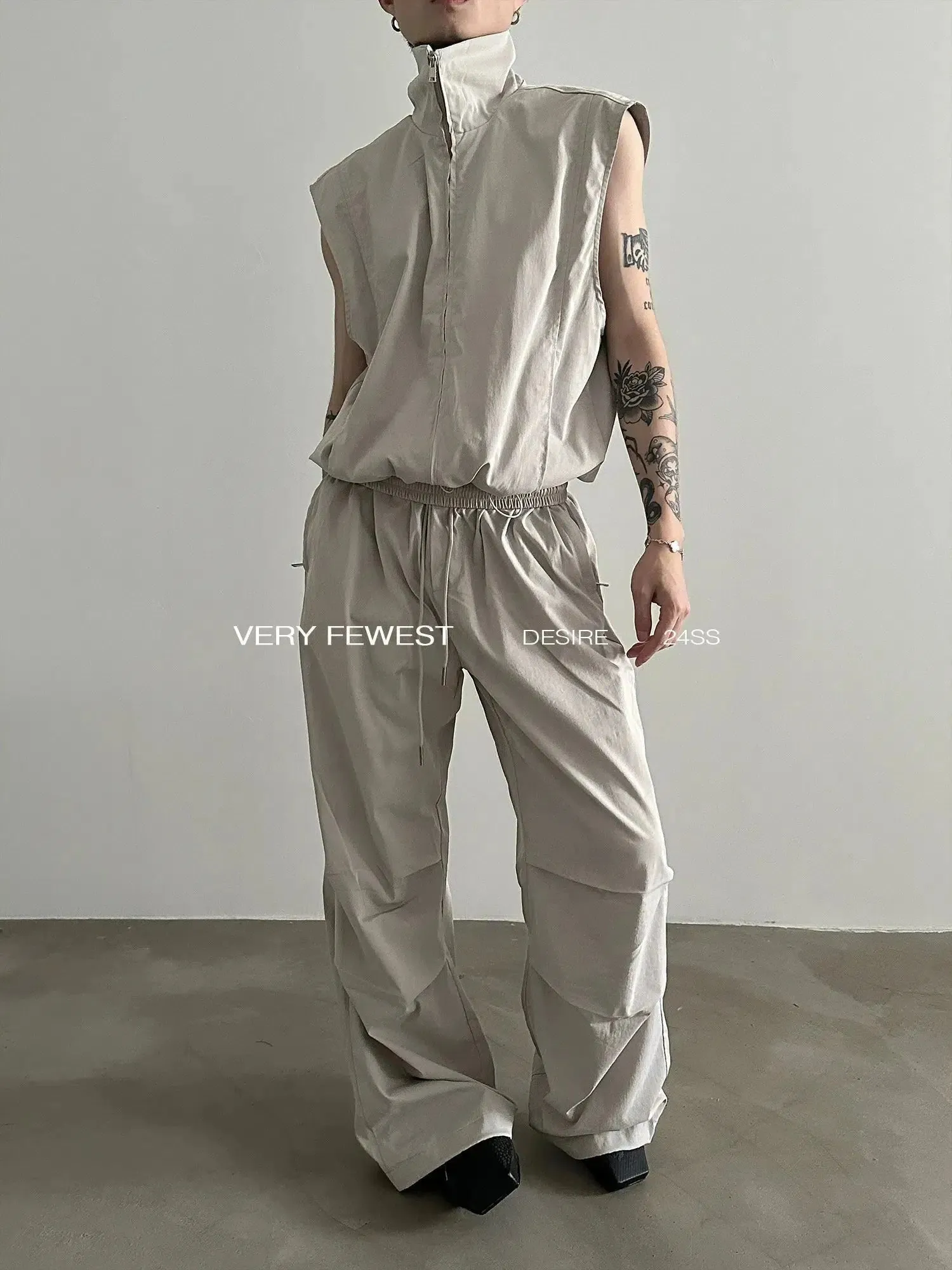 Pleated Sleeveless Drawstring Suit