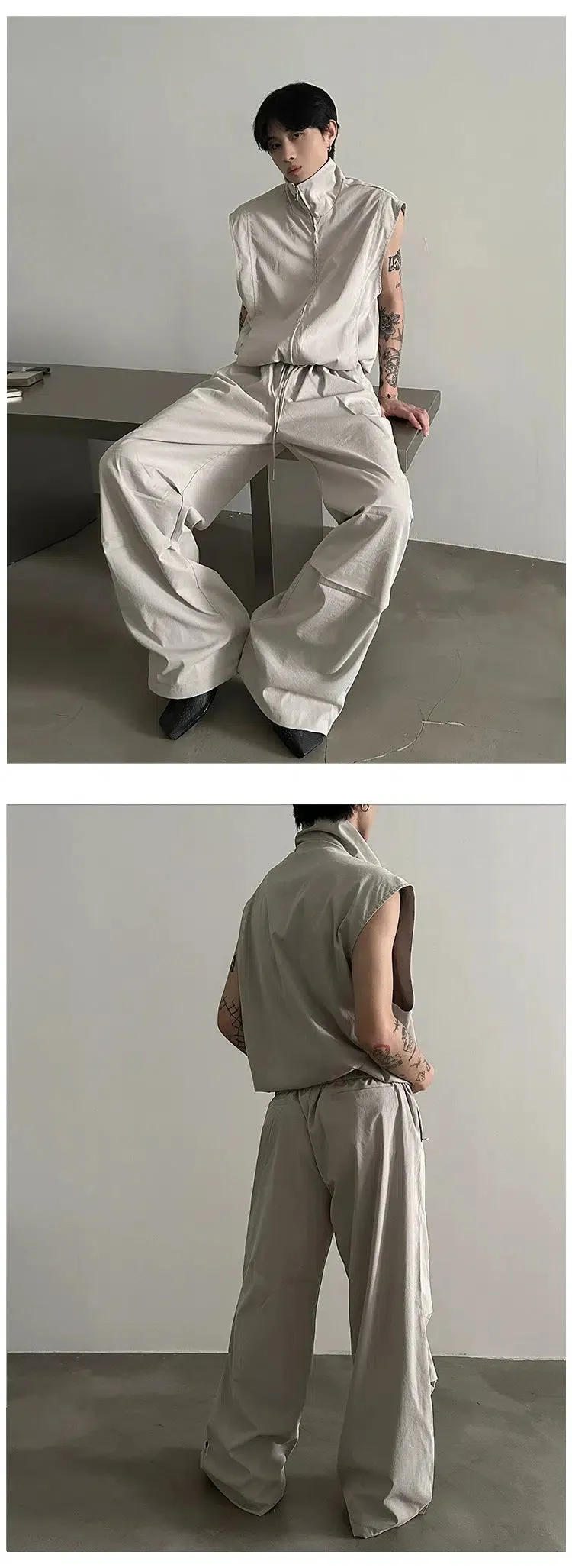 Pleated Sleeveless Drawstring Suit