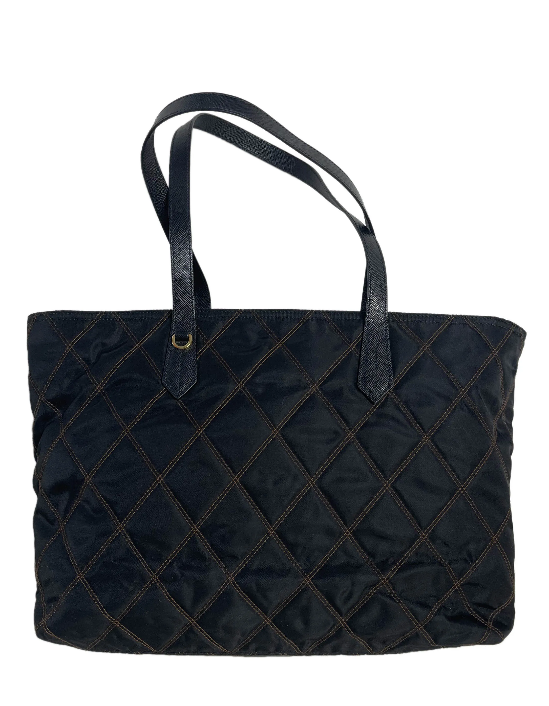 Prada Navy Nylon Quilted Tote Bag w/Contrast Stitching