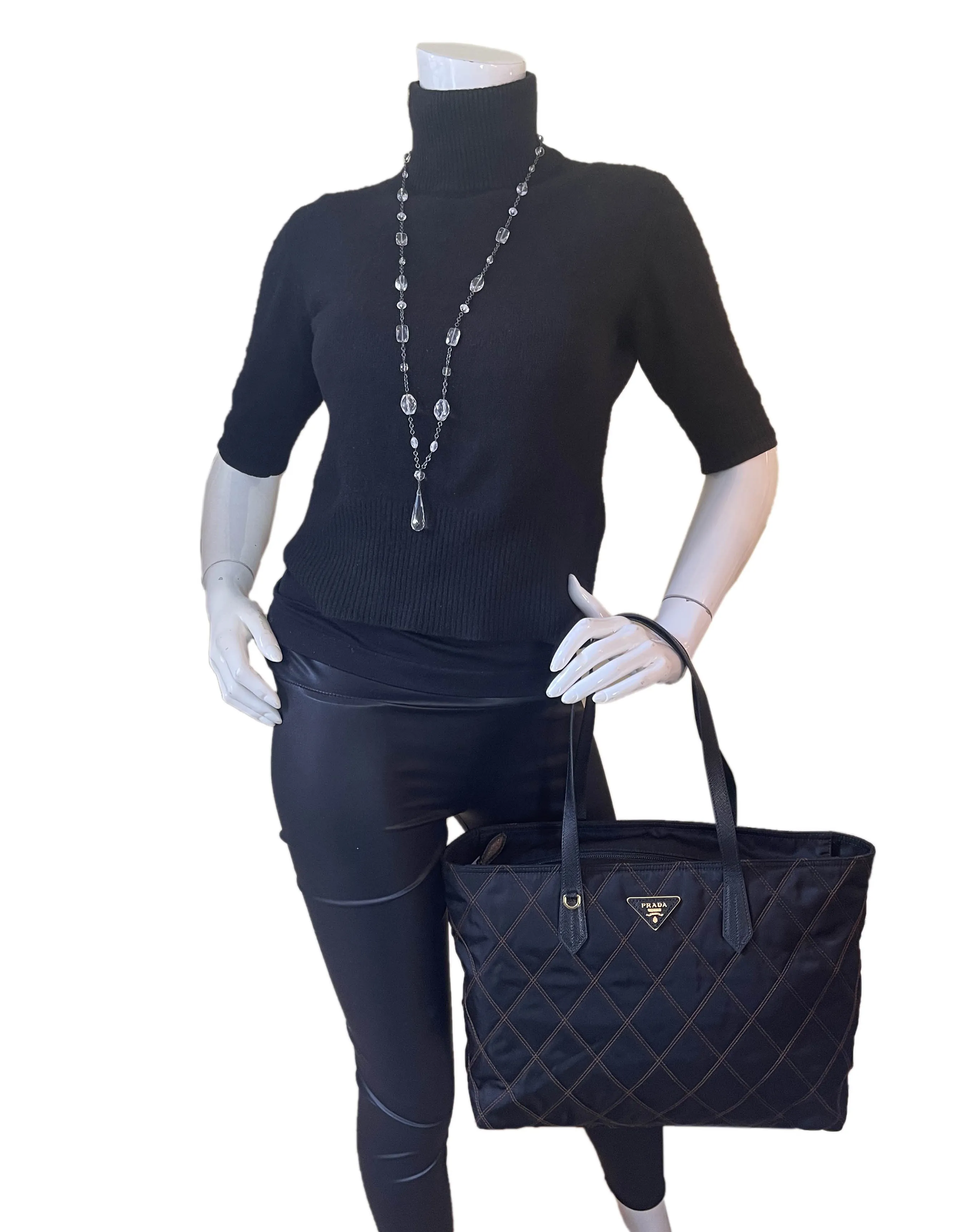 Prada Navy Nylon Quilted Tote Bag w/Contrast Stitching