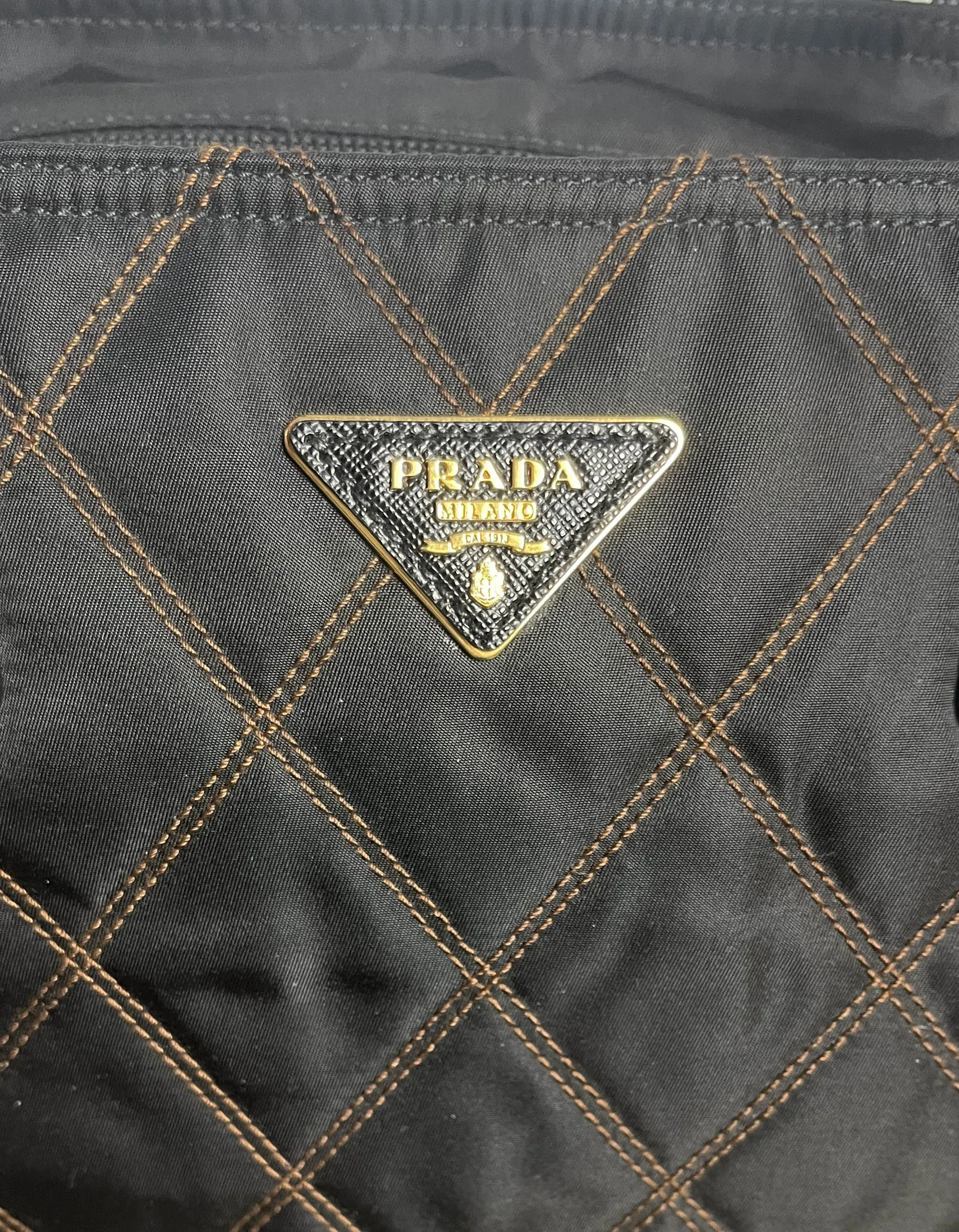 Prada Navy Nylon Quilted Tote Bag w/Contrast Stitching