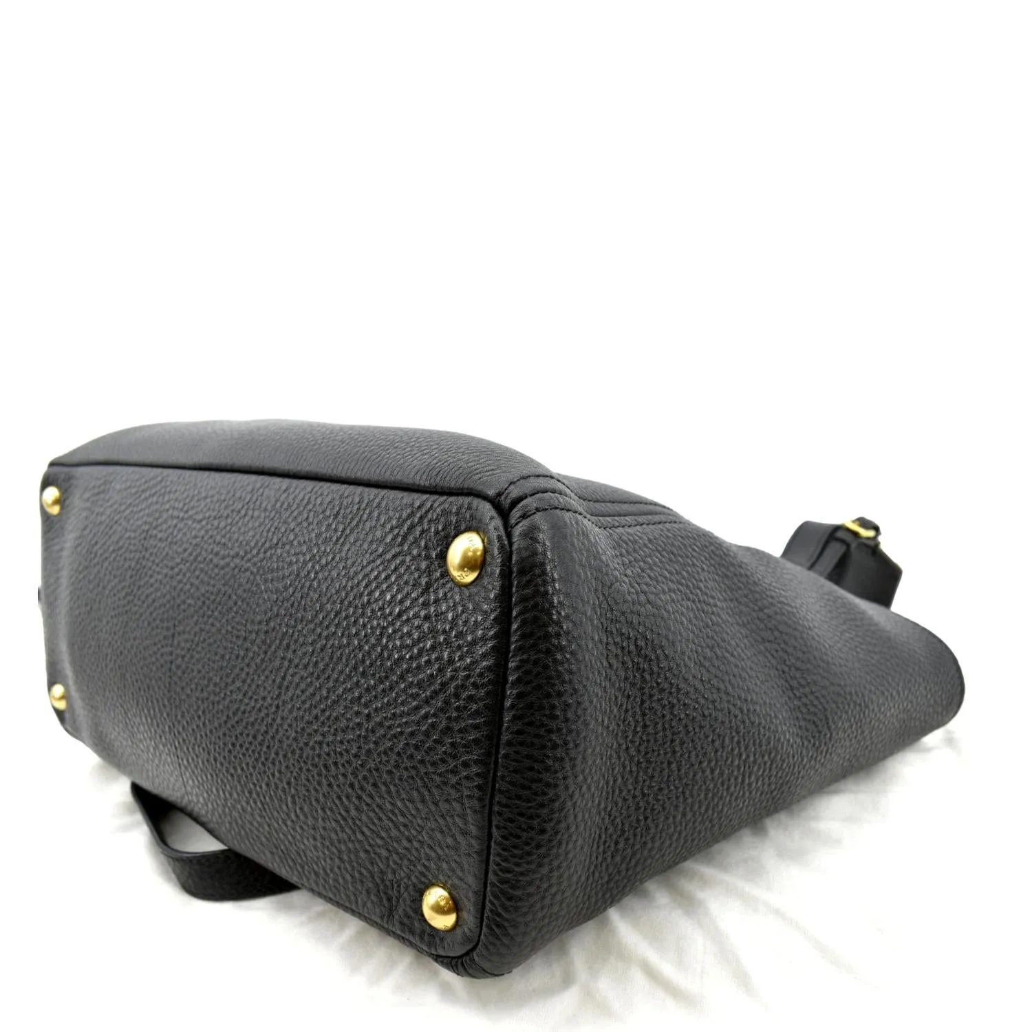 PRADA Vitello Daino Side-Pocket Leather Tote Shoulder Bag Black