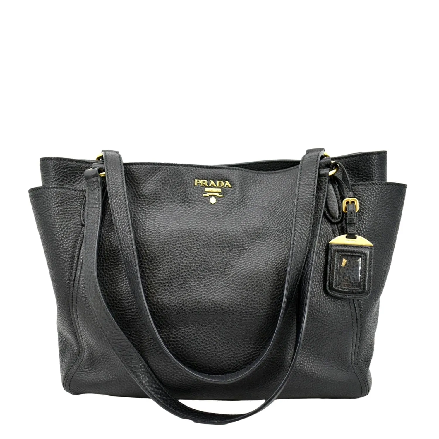 PRADA Vitello Daino Side-Pocket Leather Tote Shoulder Bag Black