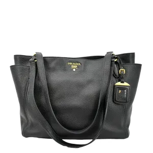 PRADA Vitello Daino Side-Pocket Leather Tote Shoulder Bag Black