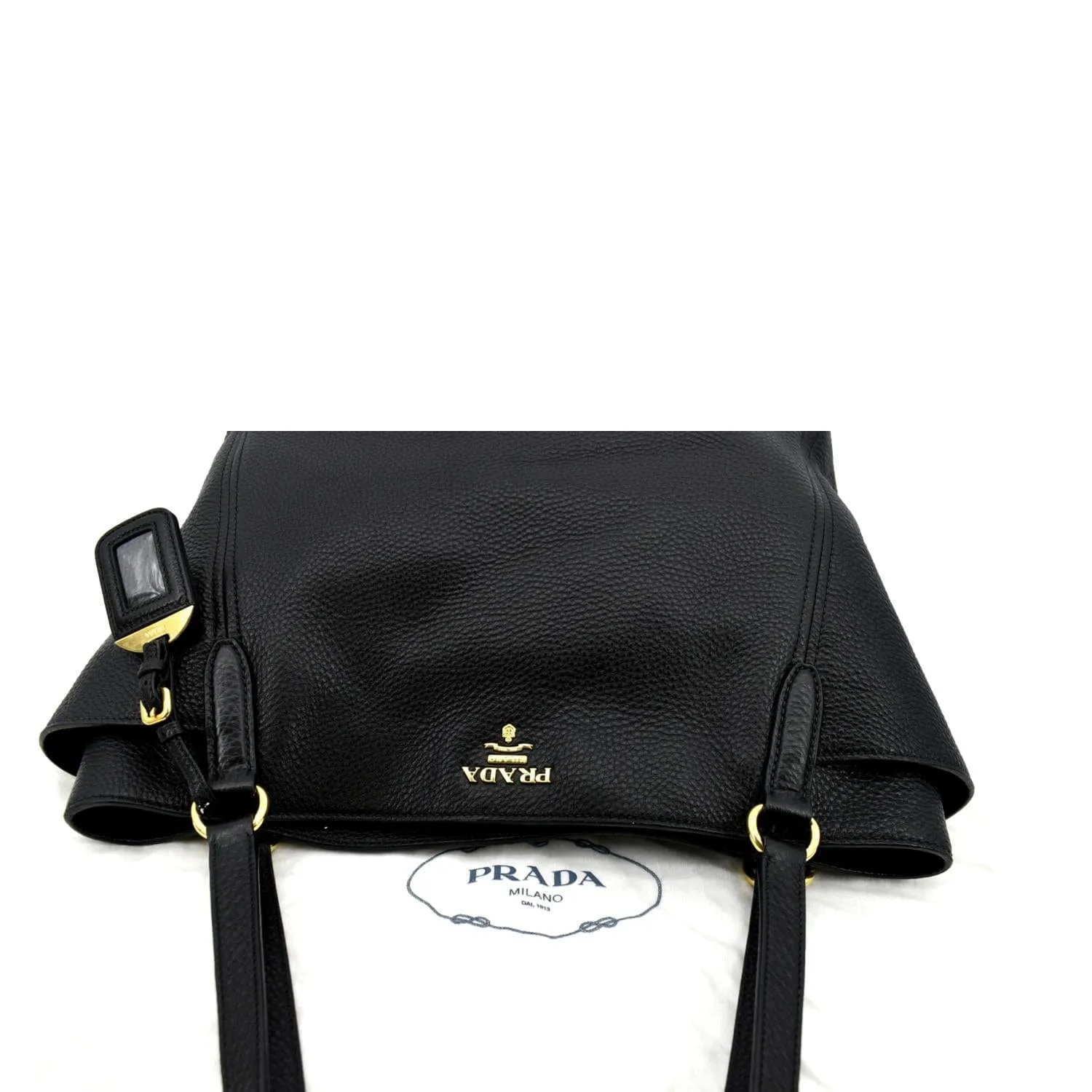 PRADA Vitello Daino Side-Pocket Leather Tote Shoulder Bag Black