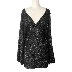 Retrofete Aubrielle Black Sequin Embellished Long Sleeve Deep V Neck Mini Dress Size S
