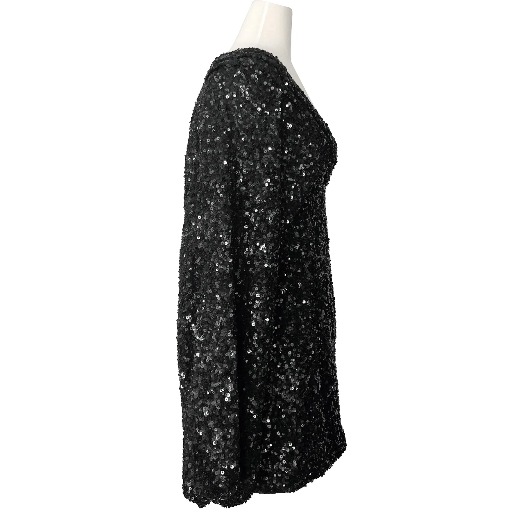 Retrofete Aubrielle Black Sequin Embellished Long Sleeve Deep V Neck Mini Dress Size S