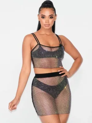 Sheer Rhinestone Fishnet Skirt Set - Black -