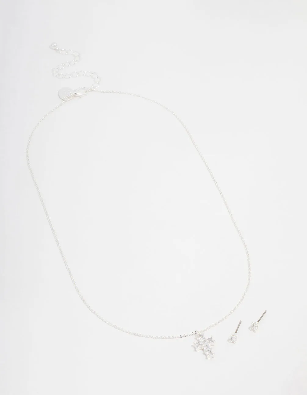 Silver Plated Cubic Zirconia Mini Cross Necklace & Stud Earrings Set