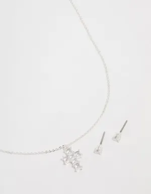 Silver Plated Cubic Zirconia Mini Cross Necklace & Stud Earrings Set