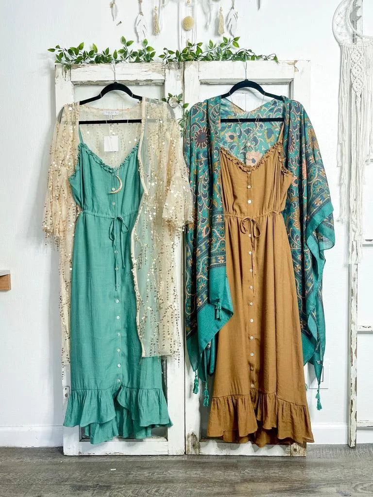 Small or Large // Tan Button Front Midi Dress