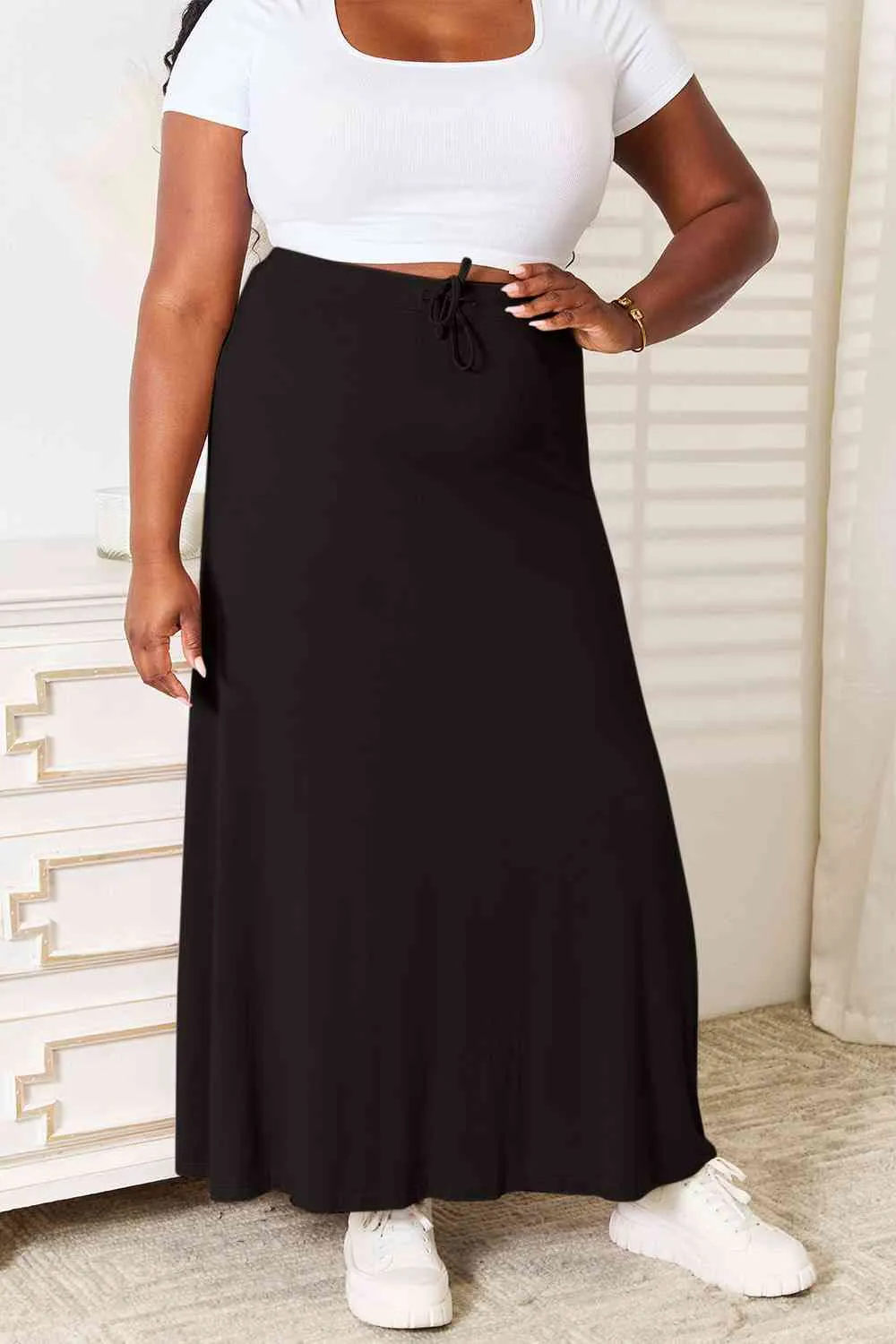 Soft Rayon Drawstring Waist Maxi Skirt Rayon 3 Colors