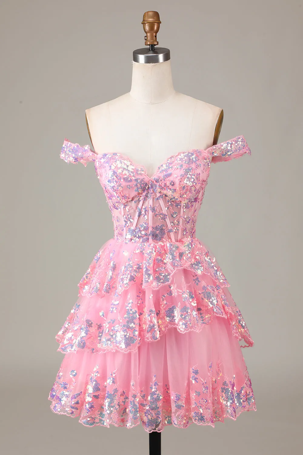 Sparkly Dark Blue A Line Off The Shoulder Corset Tiered Short Homecoming Dress with Sequins