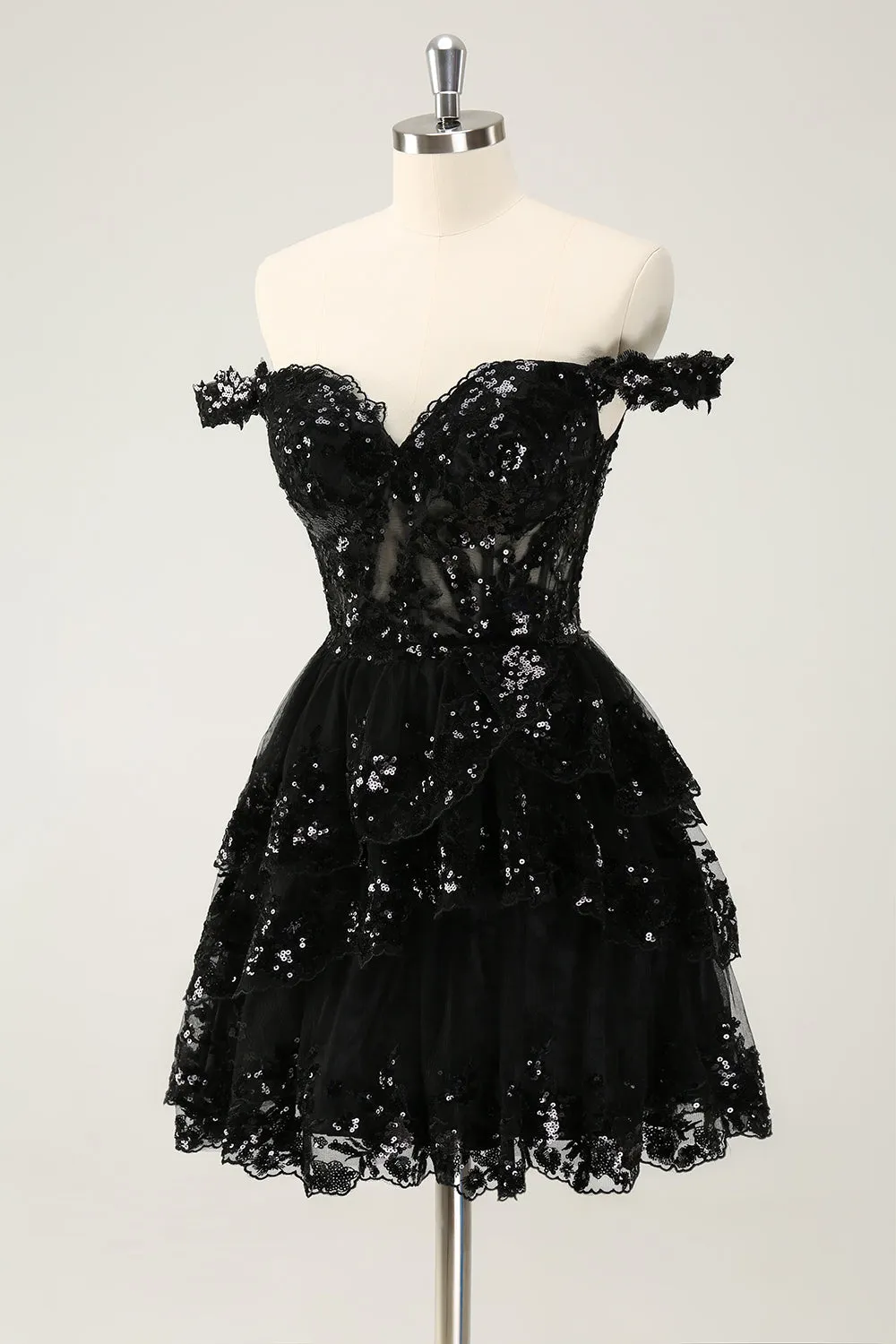 Sparkly Dark Blue A Line Off The Shoulder Corset Tiered Short Homecoming Dress with Sequins