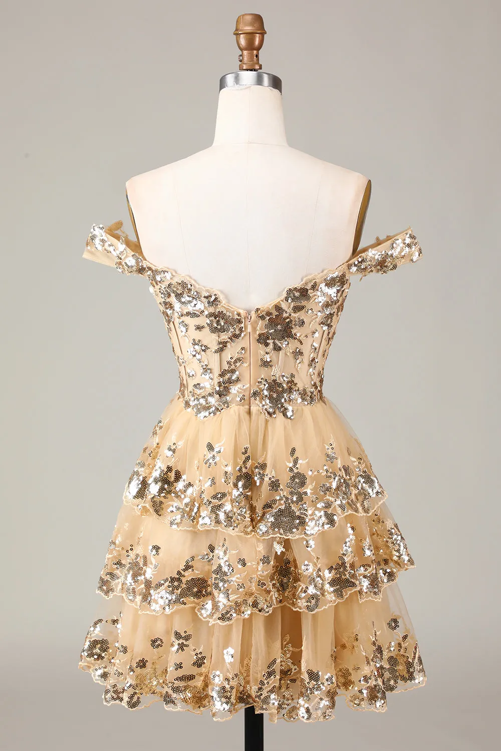 Sparkly Dark Blue A Line Off The Shoulder Corset Tiered Short Homecoming Dress with Sequins