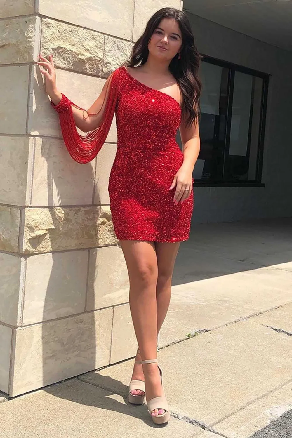 Sparkly Gold One Shoulder Sequins Short Homecoming Dresses