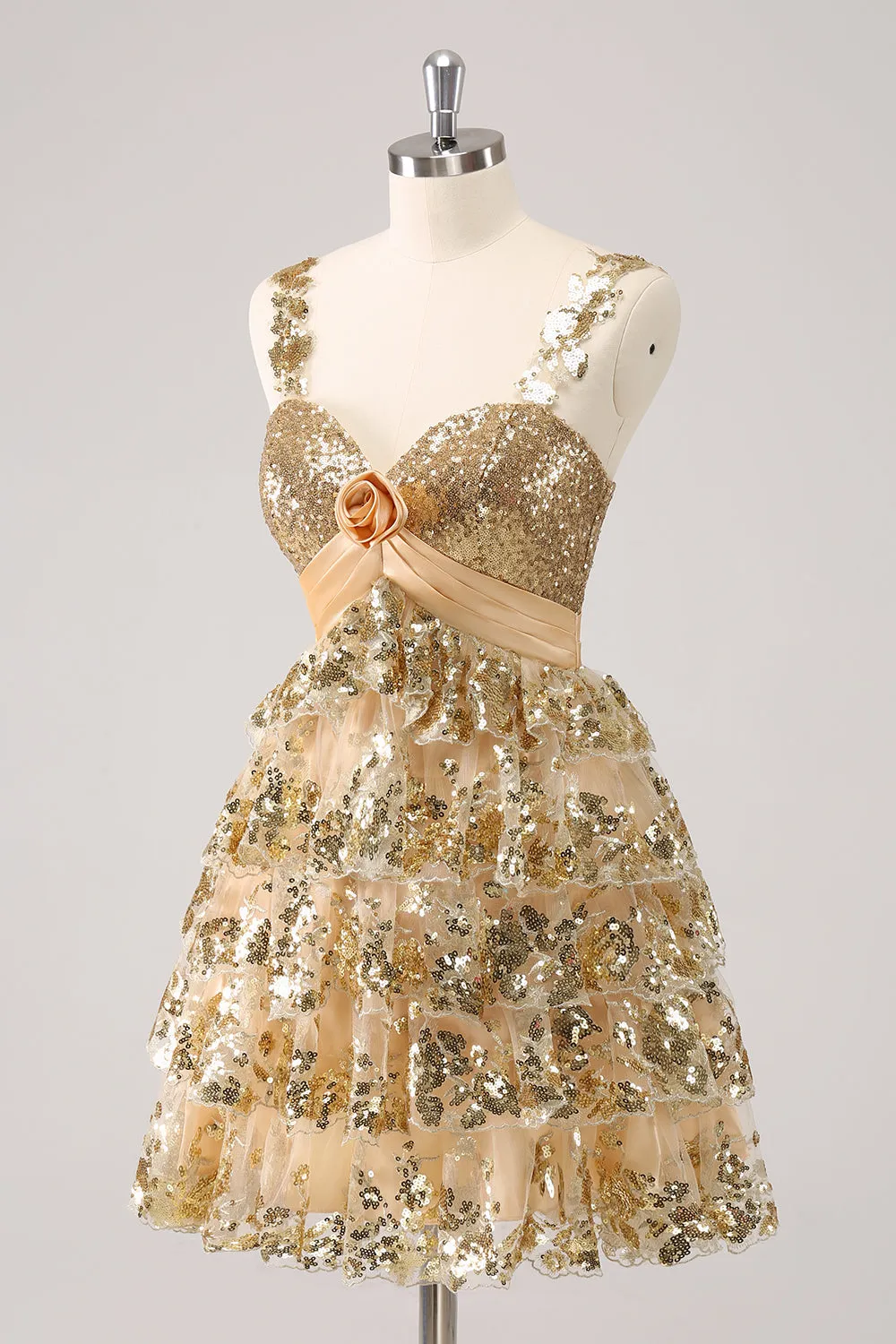 Sparkly Golden A Line Corset Tiered Short Homecoming Dress with Flower