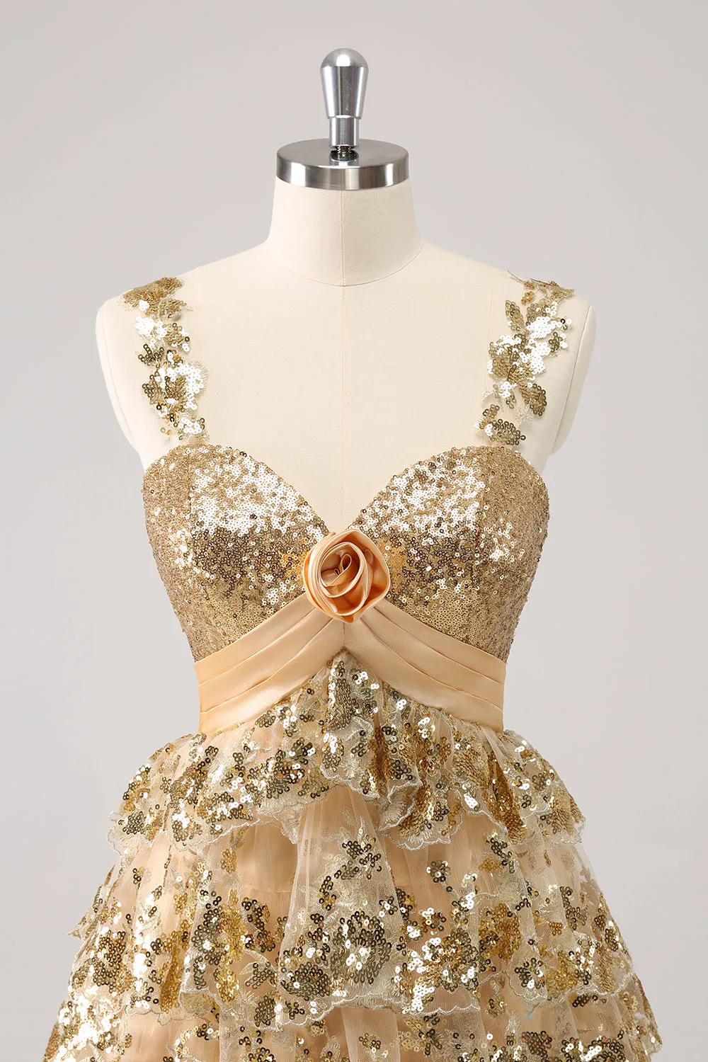 Sparkly Golden A Line Corset Tiered Short Homecoming Dress with Flower