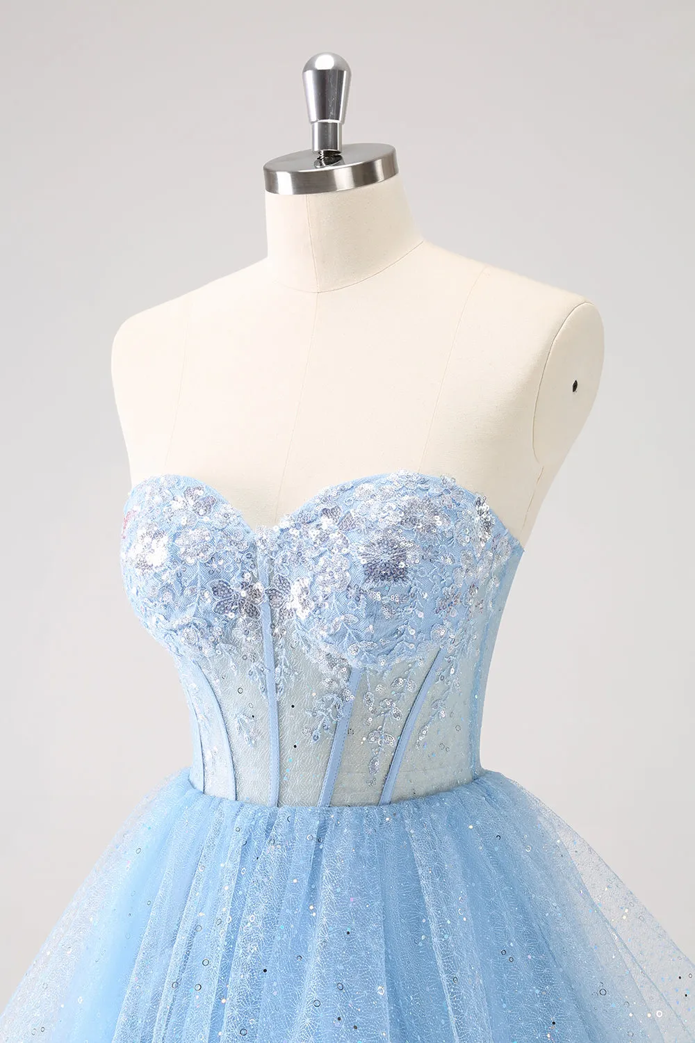 Sparkly Sky Blue A Line Sweetheart Corset Short Homecoming Dress with Sequins