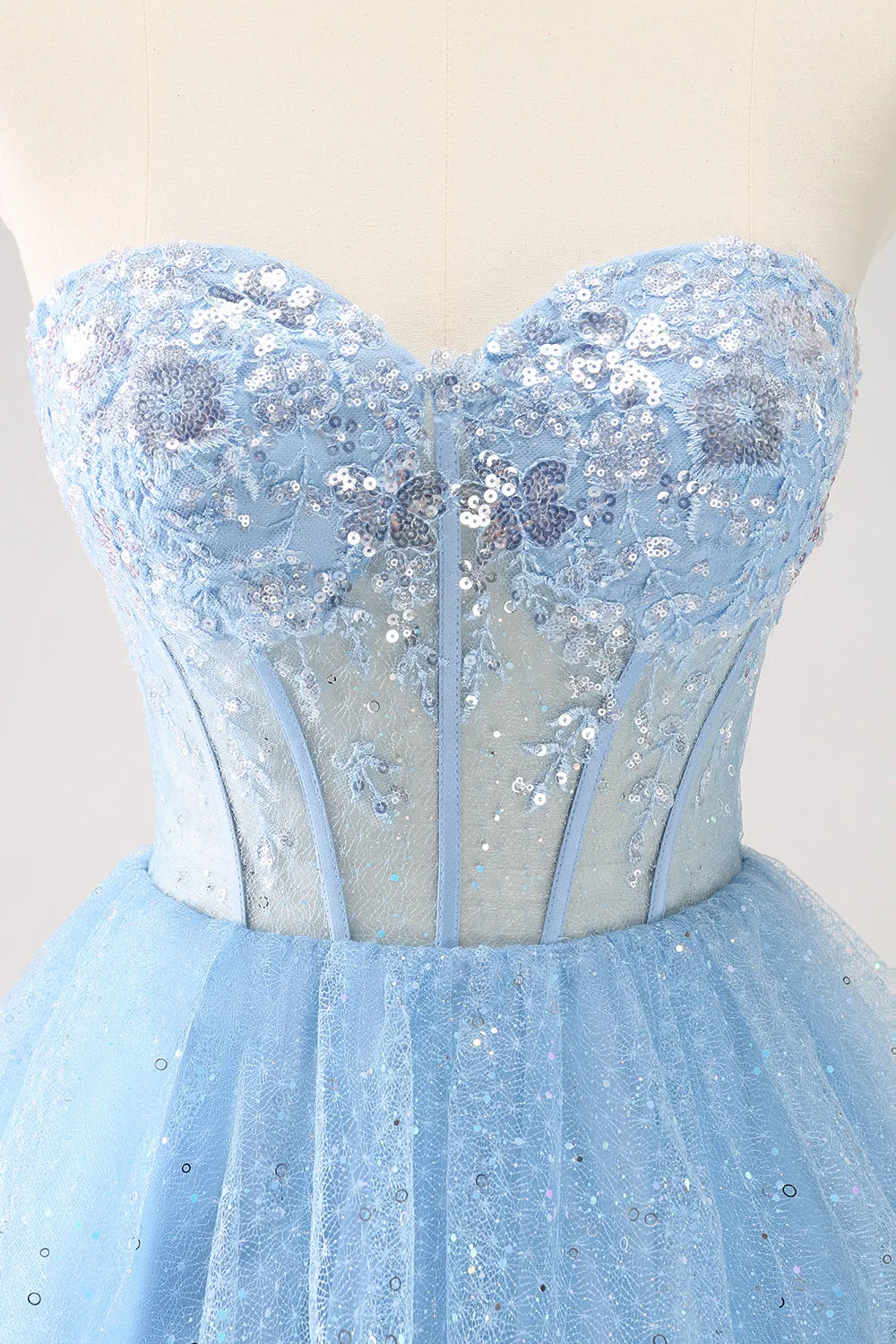 Sparkly Sky Blue A Line Sweetheart Corset Short Homecoming Dress with Sequins