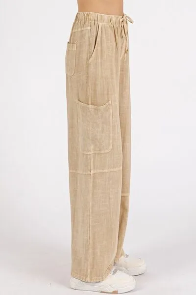 Tan Mineral Wash Drawstring Elastic Waist Pants