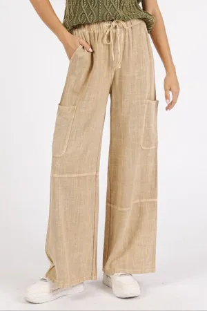Tan Mineral Wash Drawstring Elastic Waist Pants