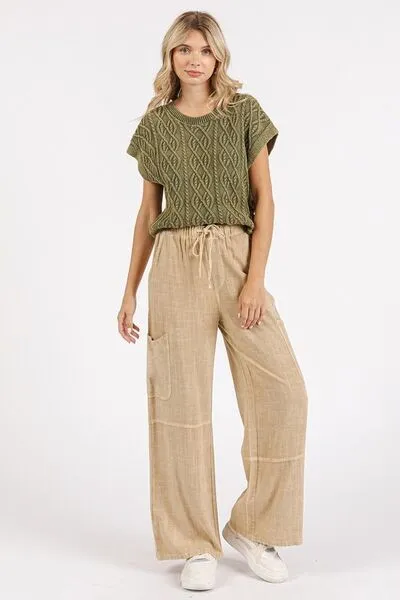 Tan Mineral Wash Drawstring Elastic Waist Pants