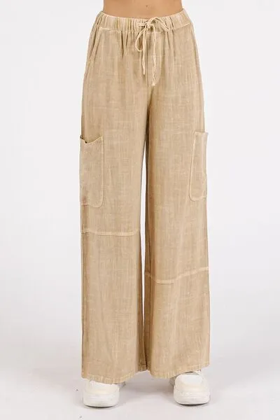 Tan Mineral Wash Drawstring Elastic Waist Pants