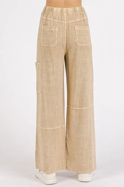 Tan Mineral Wash Drawstring Elastic Waist Pants