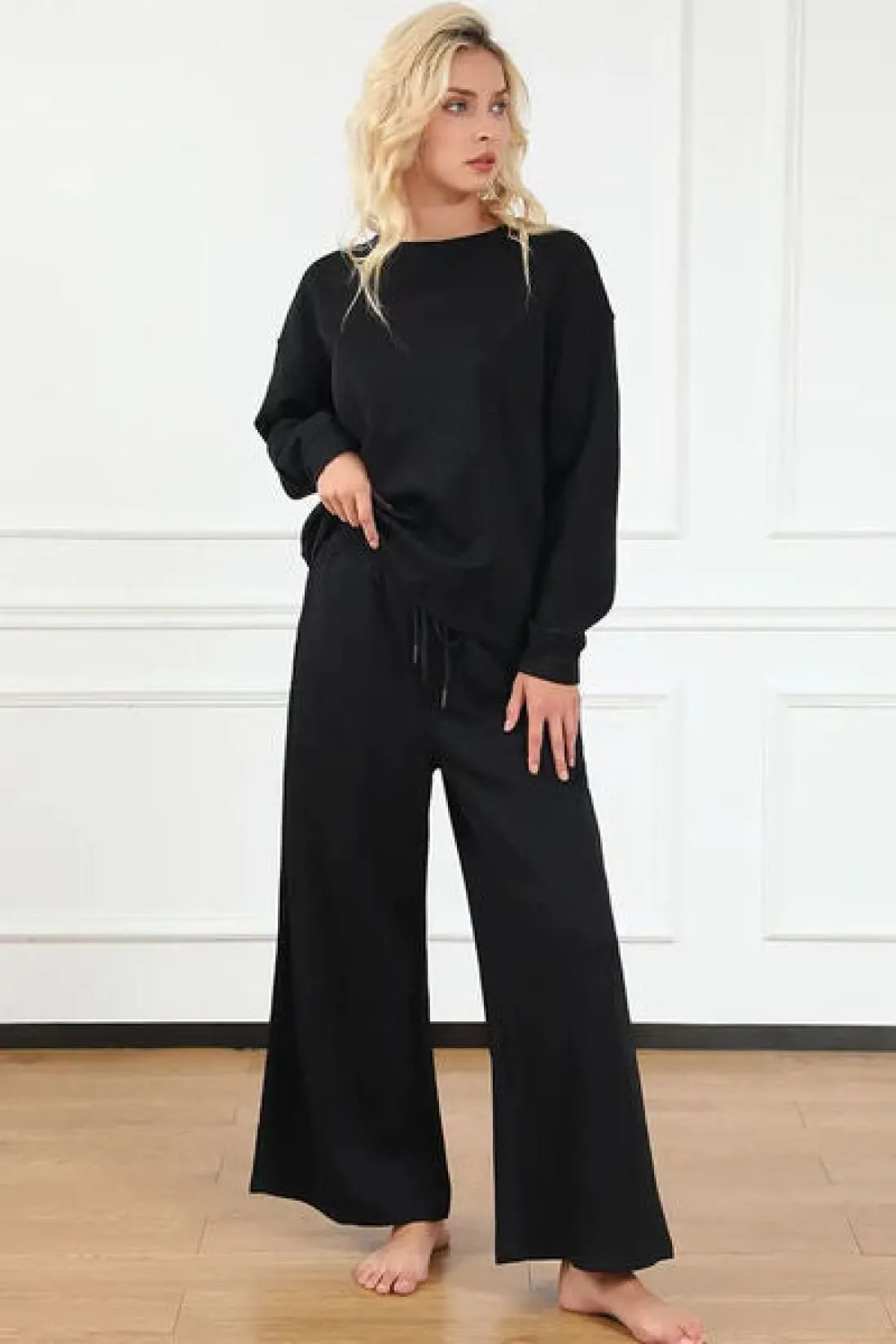 Textured Long Sleeve Top and Drawstring Lounge Pants Set