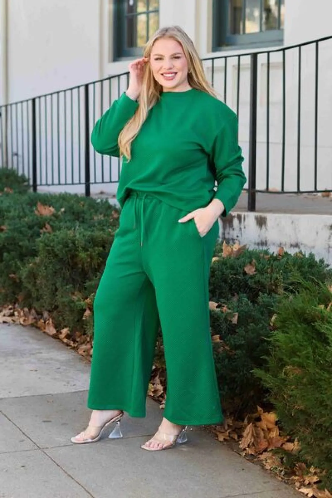 Textured Long Sleeve Top and Drawstring Lounge Pants Set