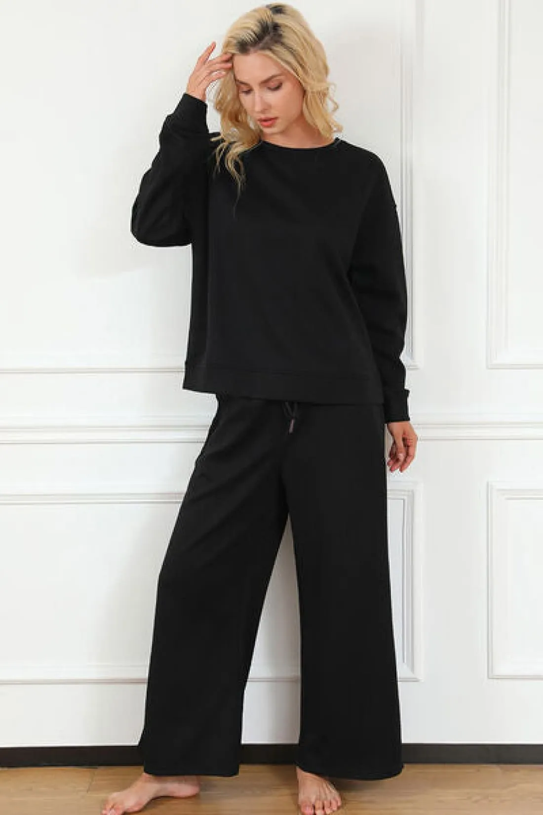 Textured Long Sleeve Top and Drawstring Lounge Pants Set