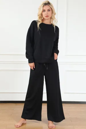 Textured Long Sleeve Top and Drawstring Lounge Pants Set