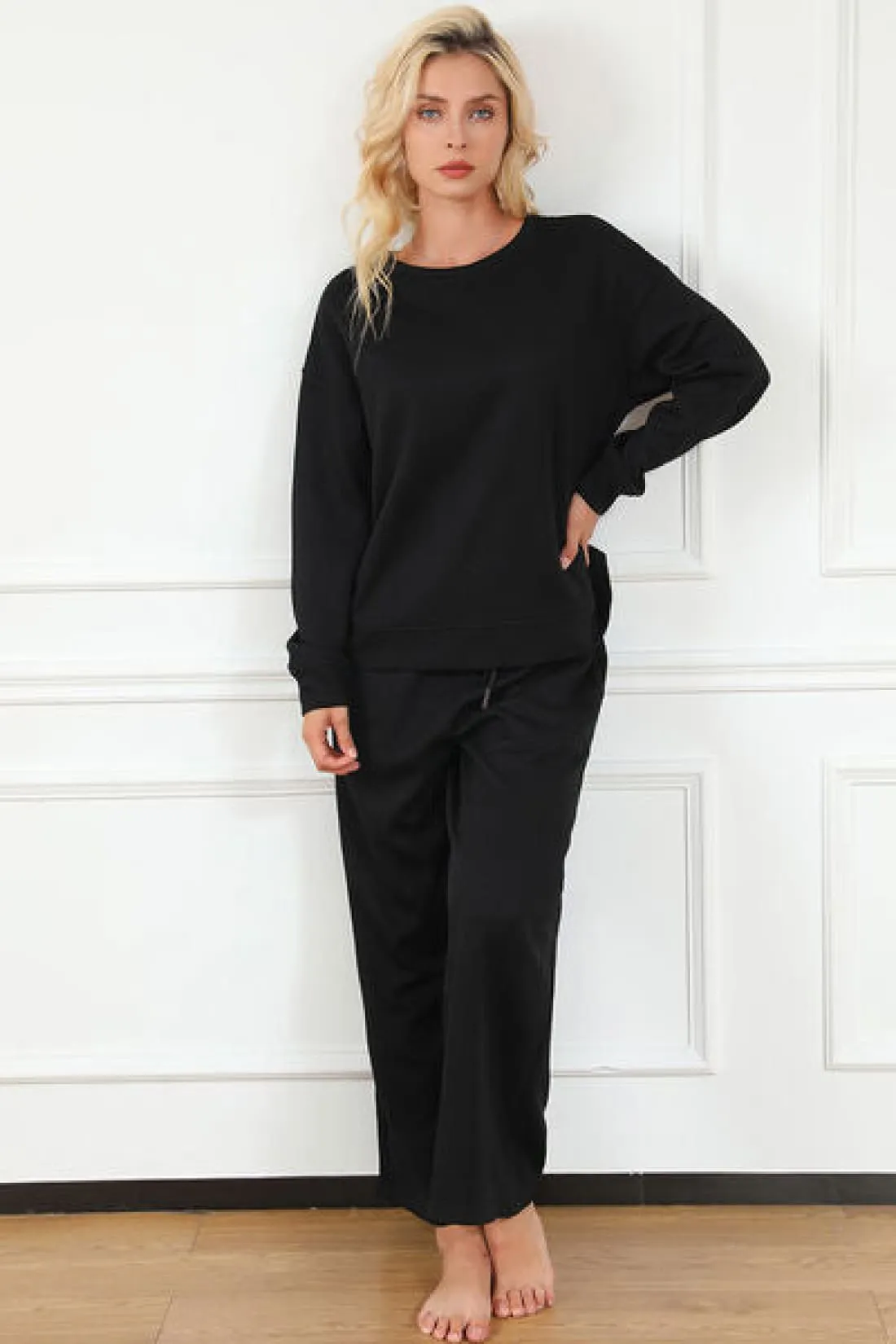 Textured Long Sleeve Top and Drawstring Lounge Pants Set