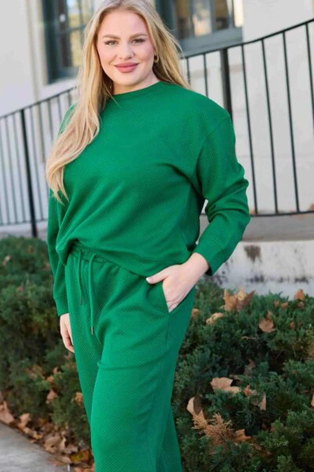 Textured Long Sleeve Top and Drawstring Lounge Pants Set