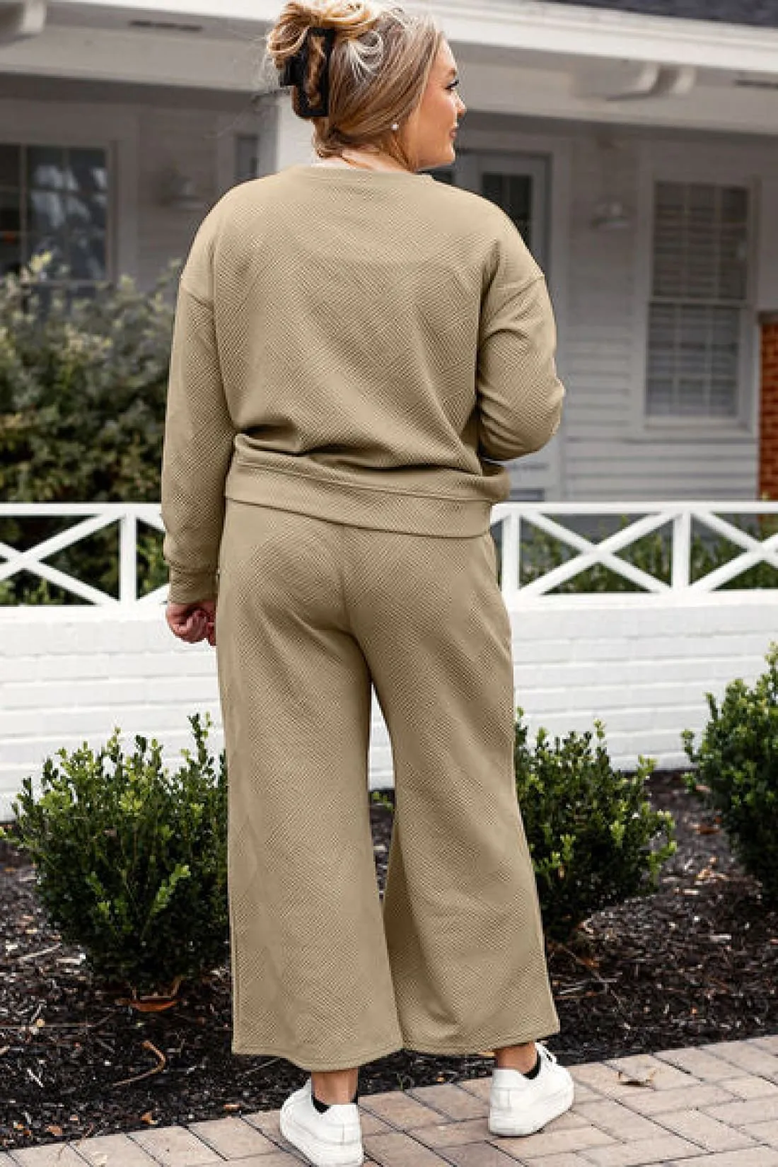 Textured Long Sleeve Top and Drawstring Lounge Pants Set