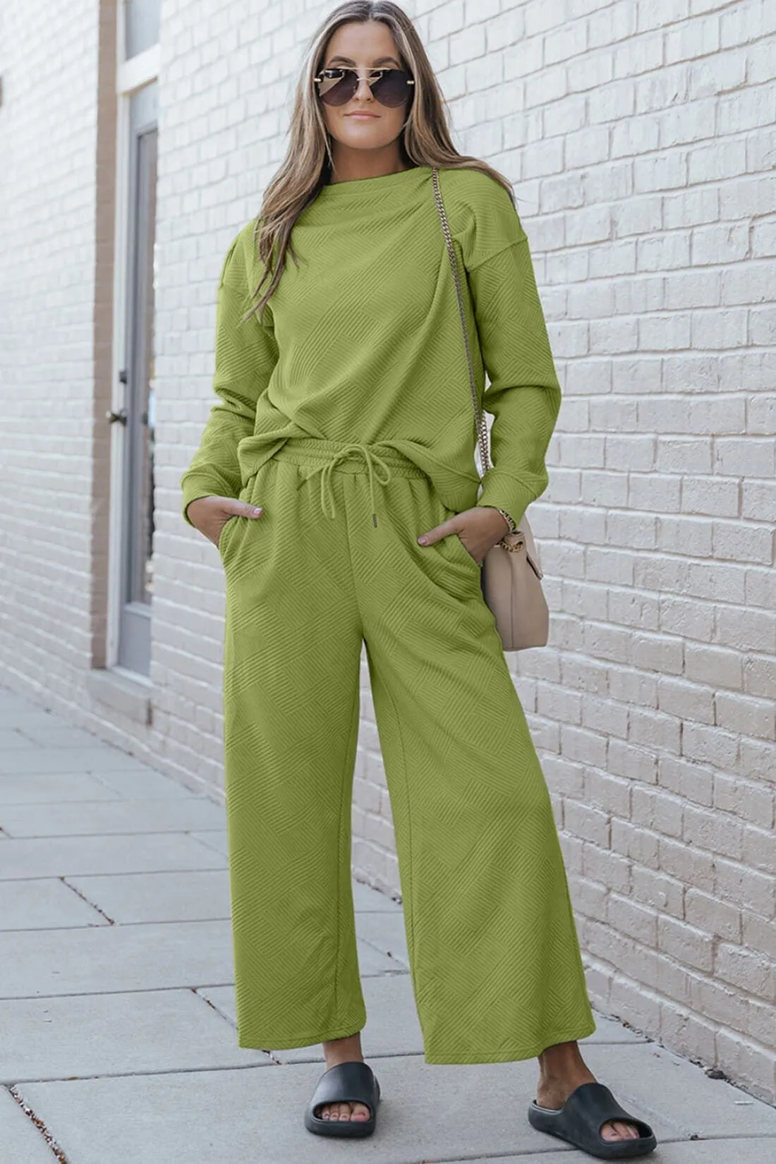 Textured Long Sleeve Top and Drawstring Lounge Pants Set